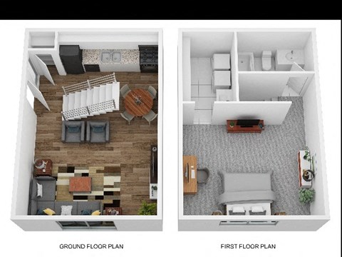 a stylized floor plan with a bedroom and a living room